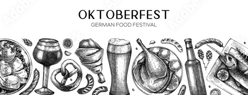 German food background. Oktoberfest menu design. Vector meat dishes sketches. German cuisine banner in vintage style. Traditional Food festival illustration. Black and white restaurant template