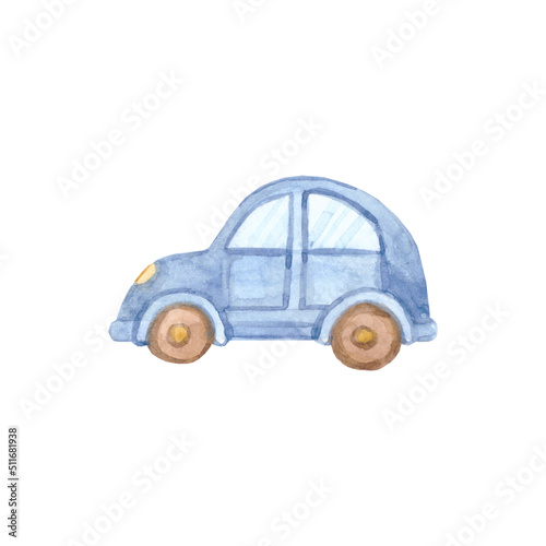 Watercolor blue toy car. High quality illustration