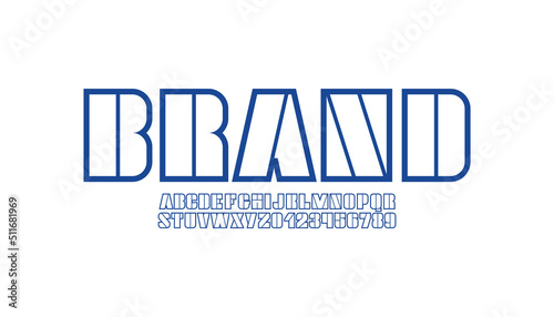Abstract blue font, alphabet made in lines, stencil letters and numbers