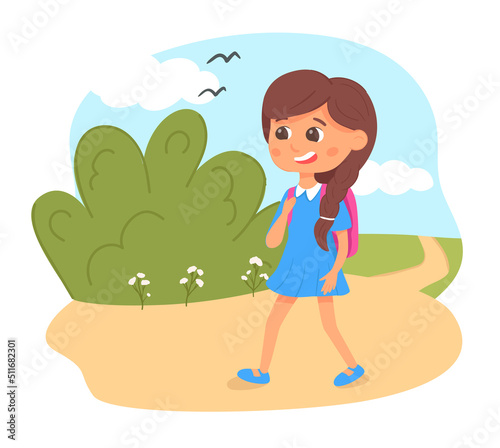 Vector illustration of happy little kid going at school together. Girl and boy with backpacks. Study concept. Cartoon pupils talking.