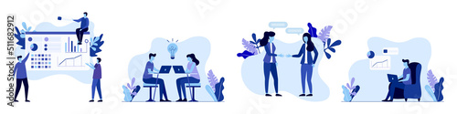 Business people illustration set. Collection of illustrations with people working at home office and coworking space. Teamwork office business meeting. People talking with colleagues, planning busines