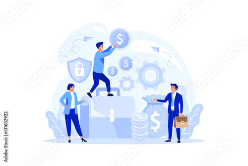 Traveling abroad concept. Visa application approving and insurance certificate processing, International vacation or emigration procedure. flat design modern illustration
