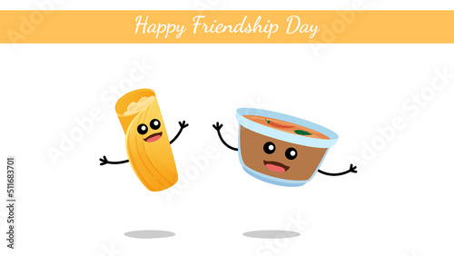 Happy Friendship Day India, South Indian food dosa with sambhar cute character vector on white background.