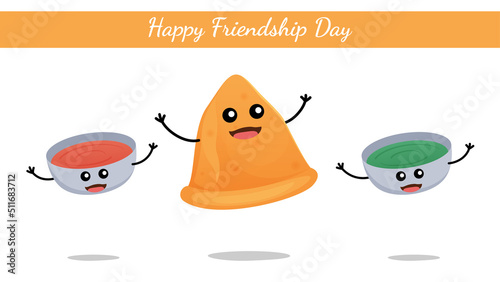 Happy Friendship Day India, North Indian fast food Samosa with green and red chatni cute character vector on white background.