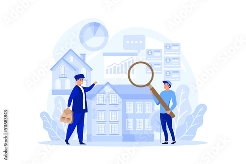 Qualified real estate agent or realtor concept. Realtor assistance and help in mortgage contract. Real estate searching, market analysis. flat design modern illustration