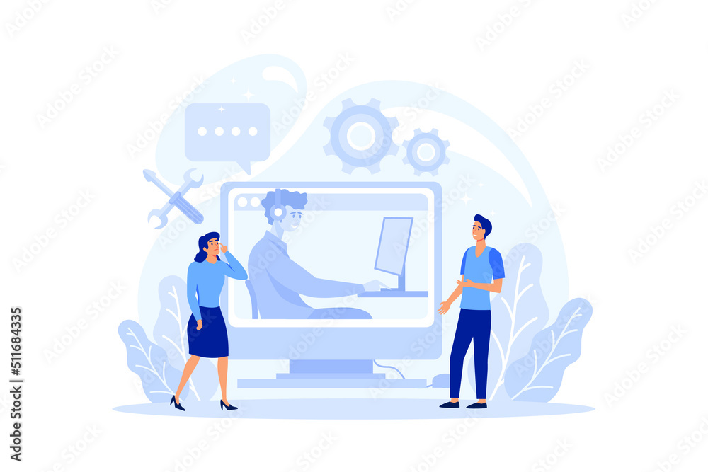 Call center or technical support concept. Idea of customer service. Support clients and help them with problems. Providing customer with valuable information. flat design modern illustration