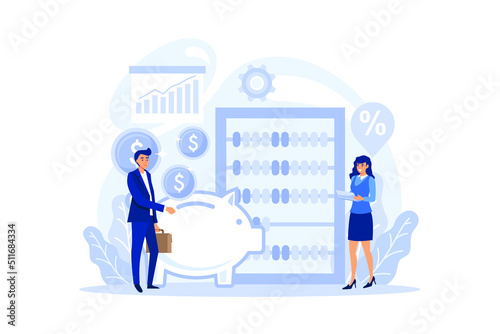 Banker or banking concept. Idea of finance income, money saving and wealth. Depositing, loan and cash service. flat design modern illustration
