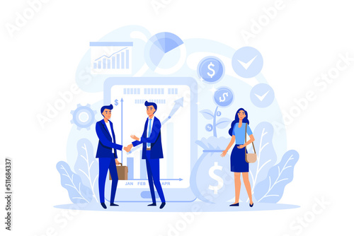 Trader, financial investment concept. Buy, sell or loss profits, trader strategy, market analysis. Idea of money increase and finance growth. flat design modern illustration