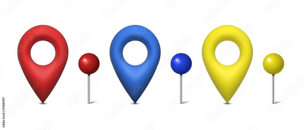 3D map pins set in red, blue and yellow colors isolated on white background. Vector illustration 3D map pins set in red, blue and yellow colors isolated on white background. Vector illustration