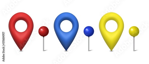3D map pins set in red, blue and yellow colors isolated on white background. Vector illustration