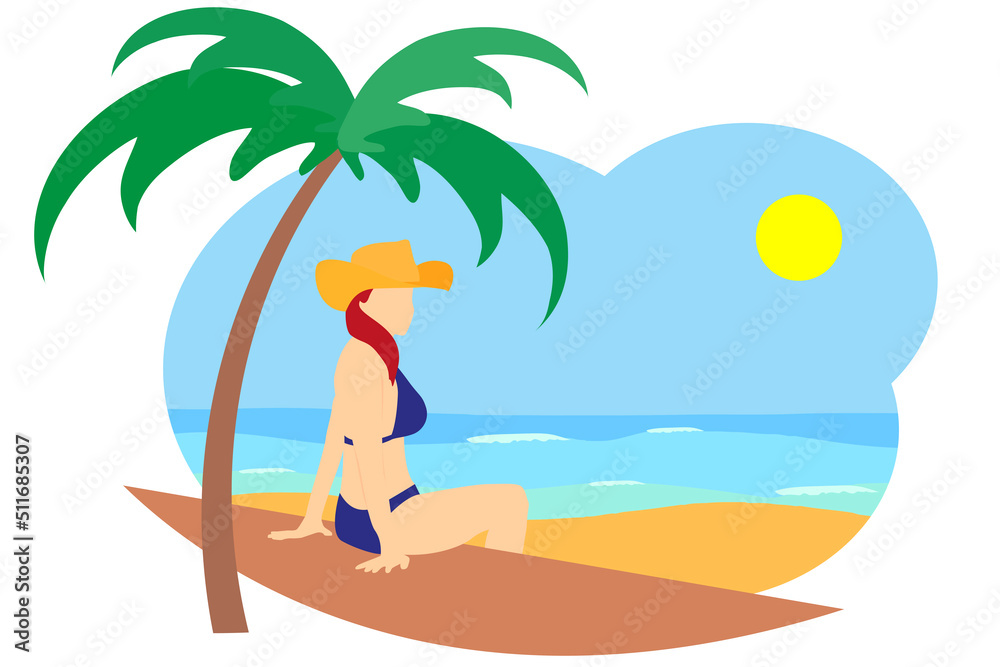Flat drawing of a woman in bikini with hat sitting on the beach next to a tropical palm tree. Moment of relaxation and wellness in summer vacations
