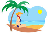 Flat drawing of a woman in bikini with hat sitting on the beach next to a tropical palm tree. Moment of relaxation and wellness in summer vacations