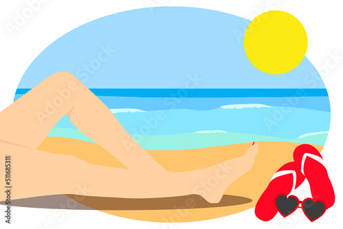 Flat drawing of sensual legs of a woman lying on the sand on the beach with flip flops and heart-shaped glasses. Relax and wellness in summer vacations