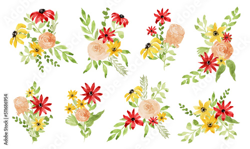 set of cute wild flower and leaf arrangement watercolor 