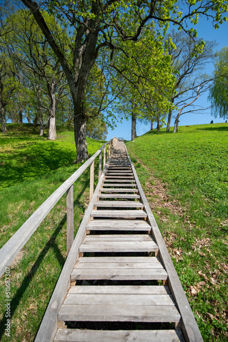 Stairway to Dubingiai castle site in Asvejos regional park, Lithuania.