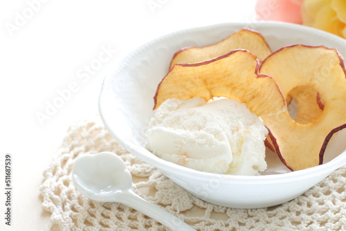 Vanilla Ice-cream and Dried apple slices with honey