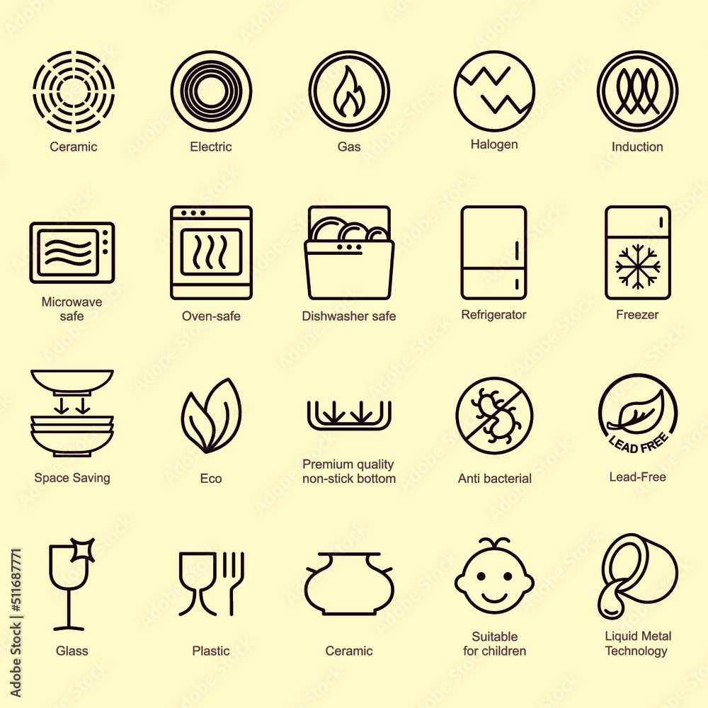 Symbols of food-grade metal indicate the properties and destination of a utensil. Properties of glass and ceramic dishes. Pottery symbols. Kitchen icon set. Thine line icons.