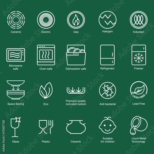 Symbols of food-grade metal indicate the properties and destination of a utensil. Properties of glass and ceramic dishes. Pottery symbols. Kitchen icon set. Thine line icons. (ID: 511687768)