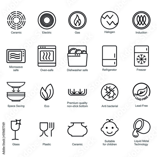 Symbols of food-grade metal indicate the properties and destination of a utensil. Properties of glass and ceramic dishes. Pottery symbols. Kitchen icon set. Thine line icons. (ID: 511687769)