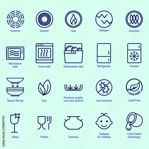 Symbols of food-grade metal indicate the properties and destination of a utensil. Properties of glass and ceramic dishes. Pottery symbols. Kitchen icon set. Thine line icons. (ID: 511687770)