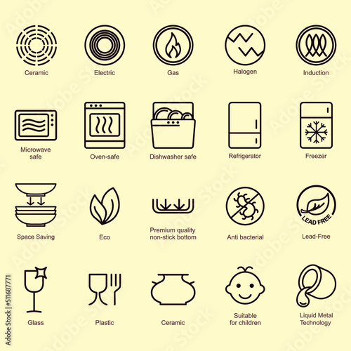 Symbols of food-grade metal indicate the properties and destination of a utensil. Properties of glass and ceramic dishes. Pottery symbols. Kitchen icon set. Thine line icons. (ID: 511687771)