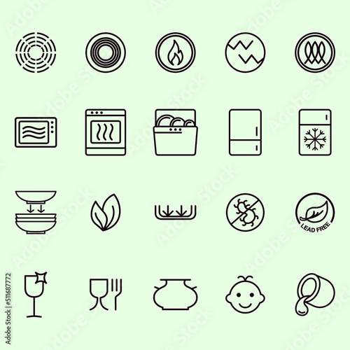 Symbols of food-grade metal indicate the properties and destination of a utensil. Properties of glass and ceramic dishes. Pottery symbols. Kitchen icon set. Thine line icons. (ID: 511687772)