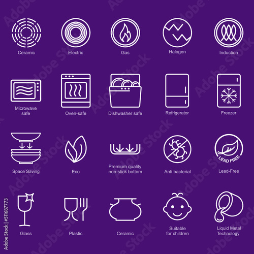 Symbols of food-grade metal indicate the properties and destination of a utensil. Properties of glass and ceramic dishes. Pottery symbols. Kitchen icon set. Thine line icons. (ID: 511687773)