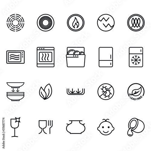 Symbols of food-grade metal indicate the properties and destination of a utensil. Properties of glass and ceramic dishes. Pottery symbols. Kitchen icon set. Thine line icons. (ID: 511687774)