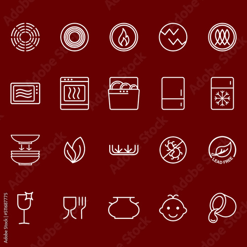 Symbols of food-grade metal indicate the properties and destination of a utensil. Properties of glass and ceramic dishes. Pottery symbols. Kitchen icon set. Thine line icons. (ID: 511687775)