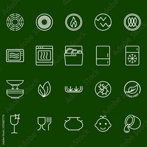 Symbols of food-grade metal indicate the properties and destination of a utensil. Properties of glass and ceramic dishes. Pottery symbols. Kitchen icon set. Thine line icons. (ID: 511687776)
