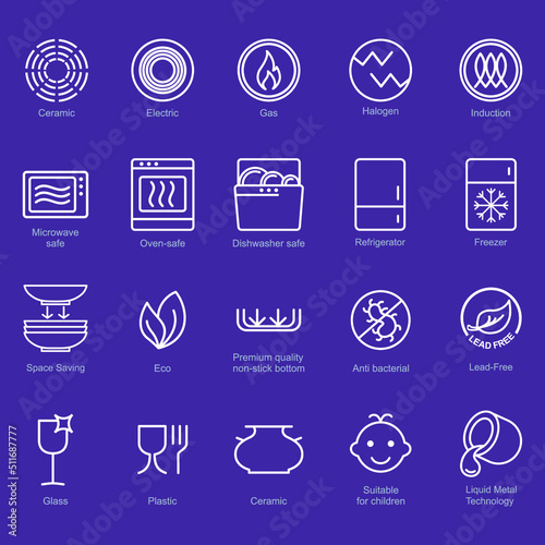 Symbols of food-grade metal indicate the properties and destination of a utensil. Properties of glass and ceramic dishes. Pottery symbols. Kitchen icon set. Thine line icons. (ID: 511687777)