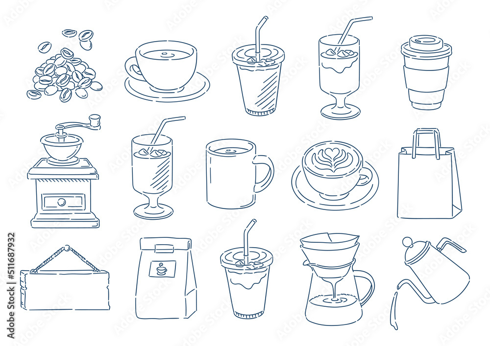 コーヒーやカフェに関する様々なイラストのセット. 線画のみ. 白背景.