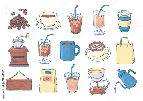 コーヒーやカフェに関する様々なイラストのセット.