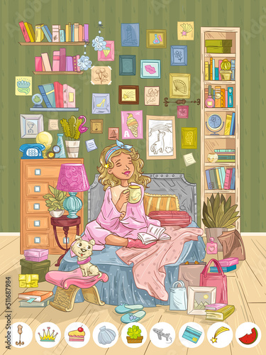 Girl drinking tea with book in bedroom