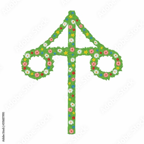 Maypole, or in Sweden called midsommarstång or majstång. Vector illustration.