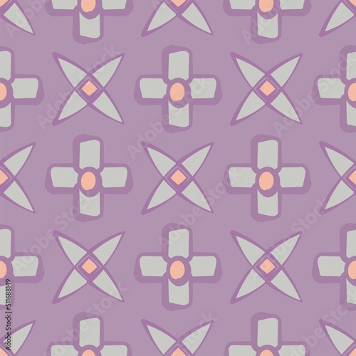 Purple graphic flower shapes vector seamless repeat pattern with grey and pink detail
