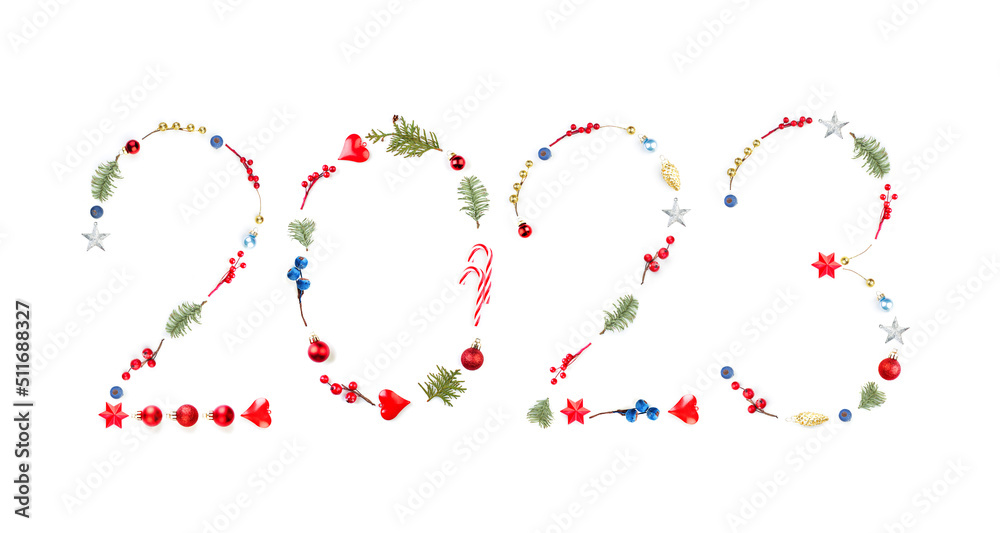 2023 Numbers made of Xmas decoration isolated on white background. Christmas and Happy New Year concept. 2023 Numbers made of Xmas decoration isolated on white background. Christmas and Happy New Year concept.