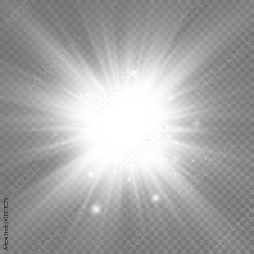 Glow bright light star, white sun rays, sunshine.