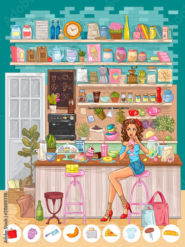 Girl drinking milkshake in cozy coffee shop