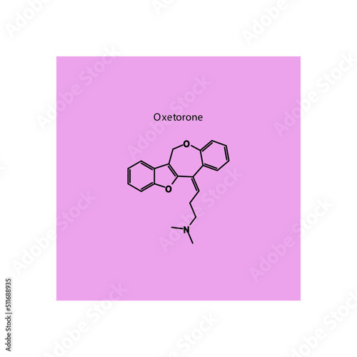 Oxetorone molecule flat skeletal structure, Serotonin antagonist, antihistamine, alpha blocker class drug used to treat migraine. pink background Vector illustration. photo