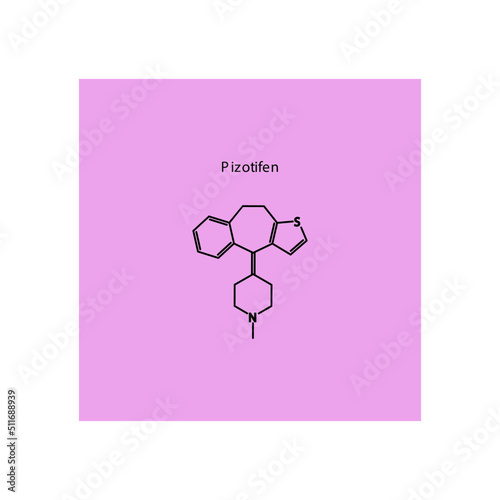 Pizotifen molecule flat skeletal structure, Benzocycloheptene Serotonin antagonist class drug used to treat migraine. pink background Vector illustration. photo