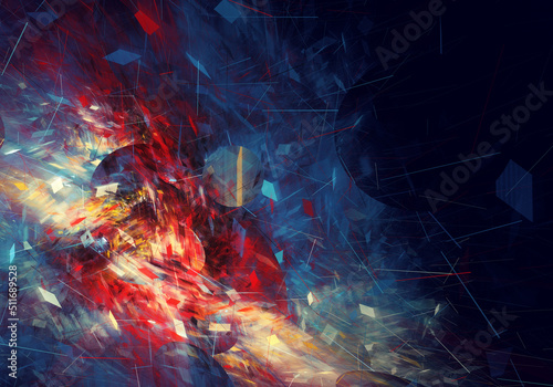 Abstract fractal art background of scattered shapes and line in primary colors, with copy space.
