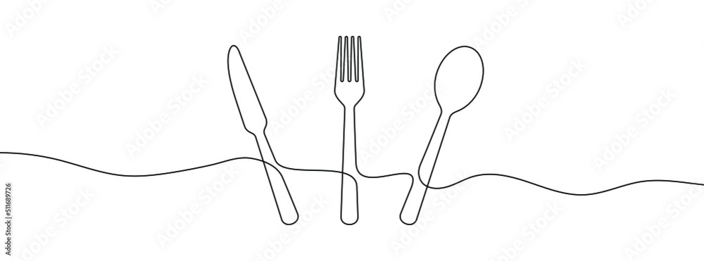 Spoon, fork and knife linear icon. Hand drawn background. One ...