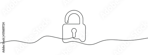 Continuous line drawing of padlock. Lock linear icon. One line drawing background. Vector illustration. Lock continuous line icon.