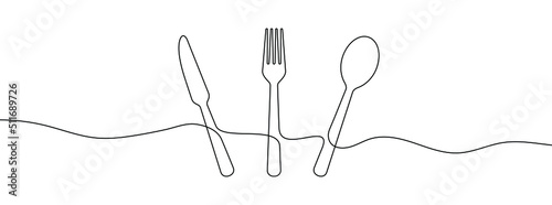 Spoon, fork and knife linear icon. Hand drawn background. One continuous line drawing background. Vector illustration.