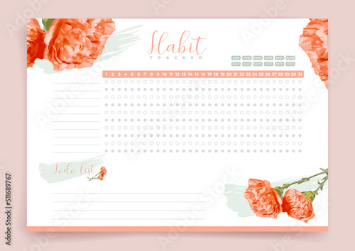 Habit tracker. Monthly planner. Monthly planner habit tracker blank template. Vector illustration. Minimal style. Clean style. Daily to do.