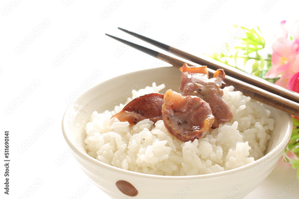 Canned food, chicken gizzards and rice with copy space Canned food, chicken gizzards and rice with copy space