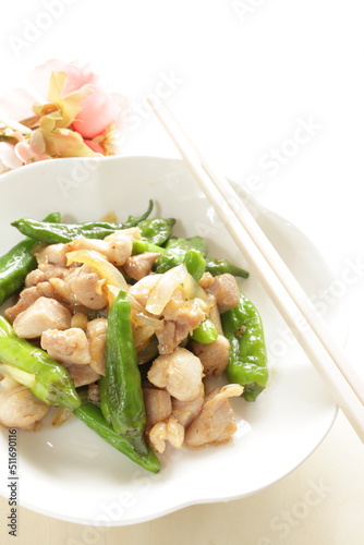 Chinese food, Japanese green pepper and chicken stir fried 