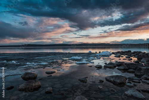 View of Onega Lake at sunset in Medvezhjegorsk