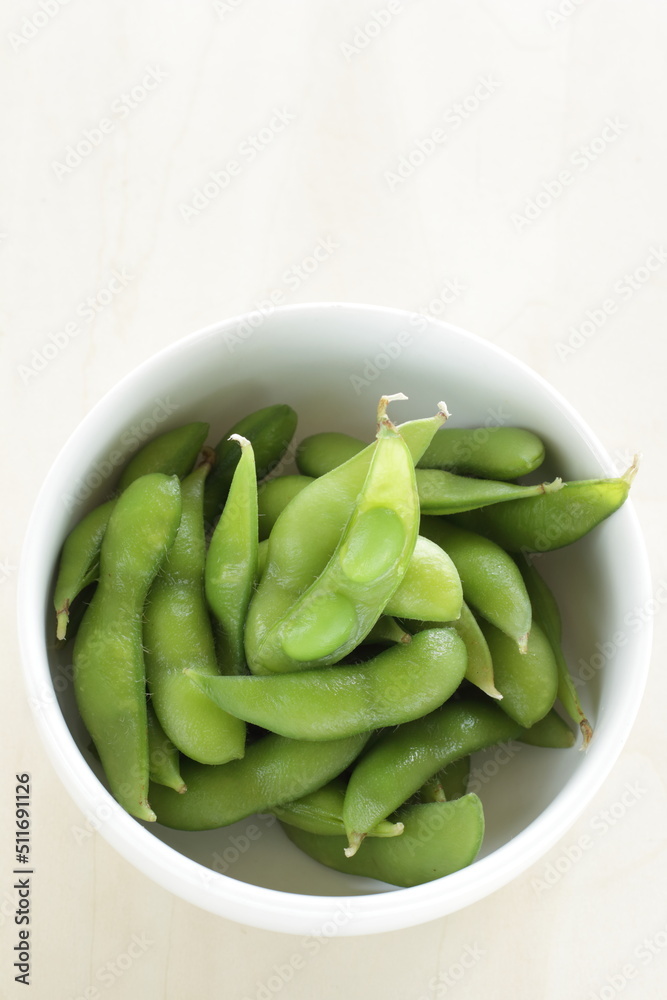 Boiled Edamame soy bean with copy space for heathen Japanese food Boiled Edamame soy bean with copy space for heathen Japanese food